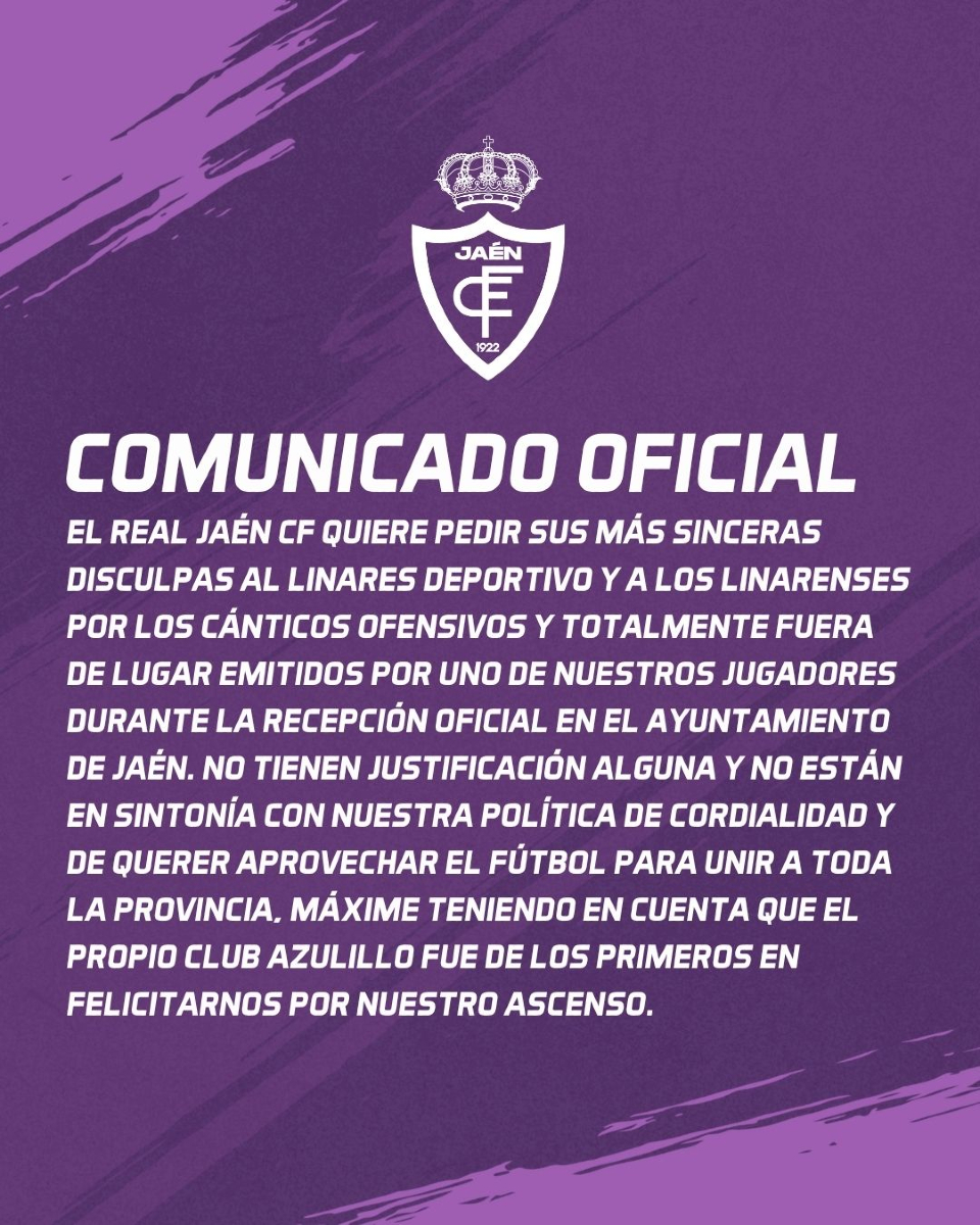 El Real Jaen CF pide disculpas al Linares Deportivo y a los linarenses